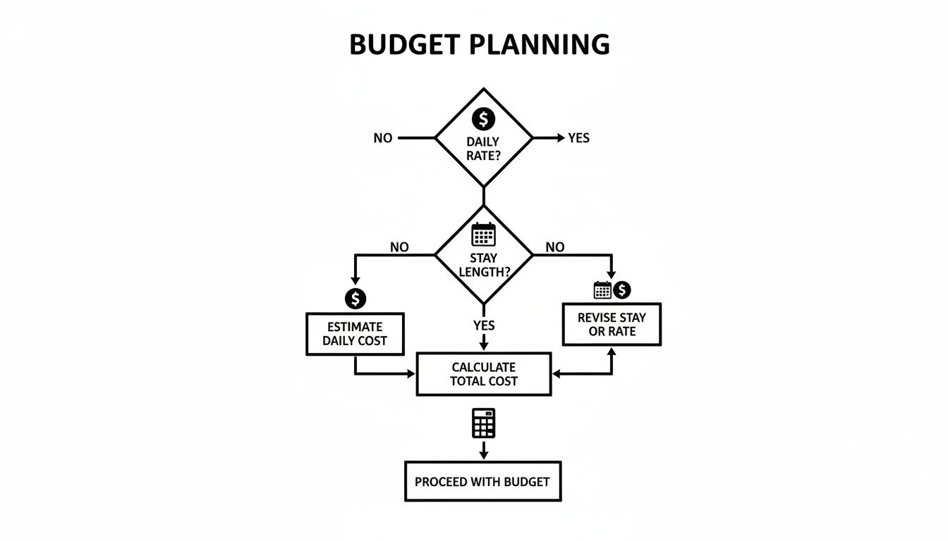 Flowchart for budget planning, guiding through daily rate, stay length, cost estimation, and total cost calculation.