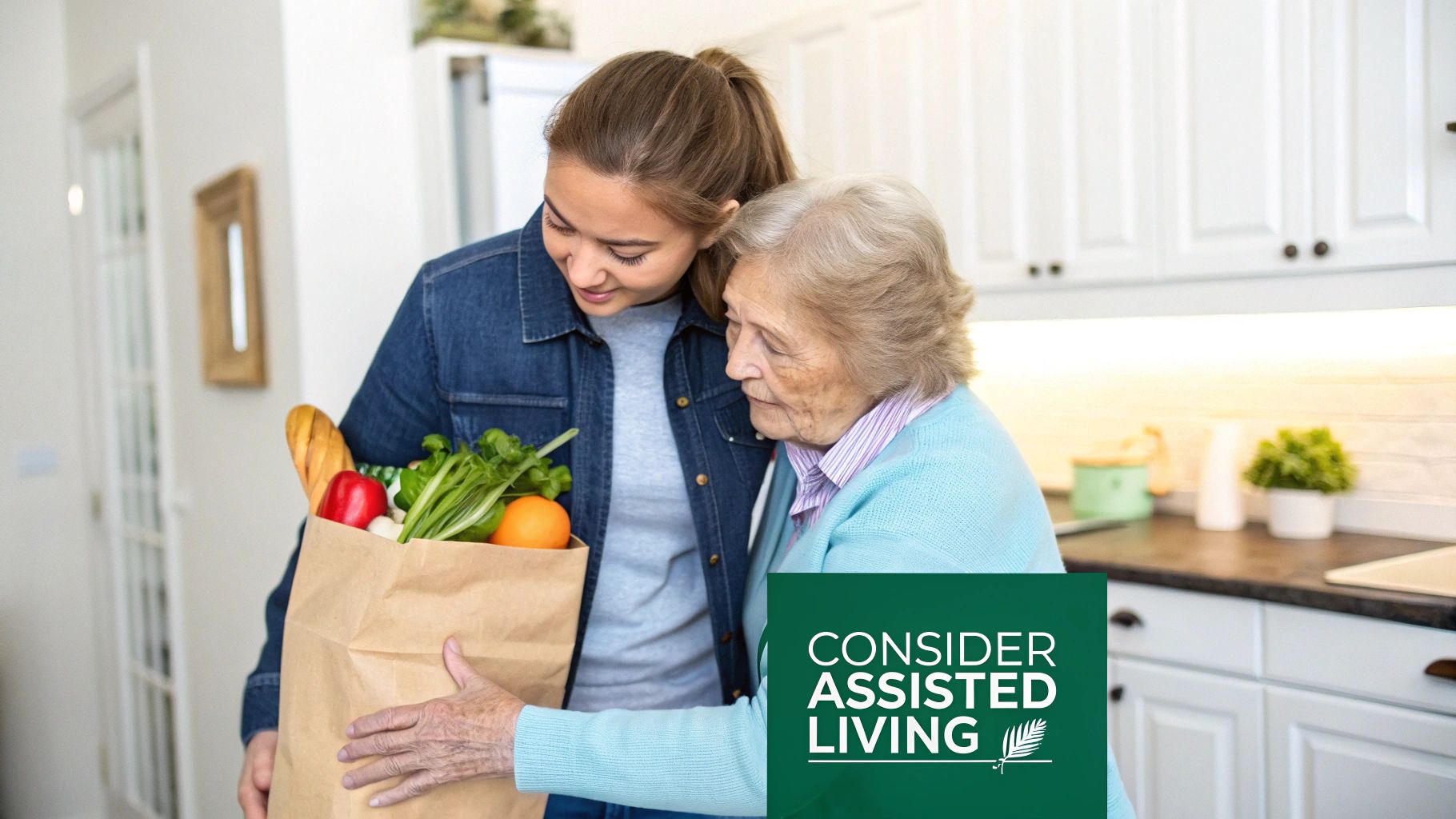 A caring young woman delivers groceries to an appreciative elderly woman in a bright kitchen.