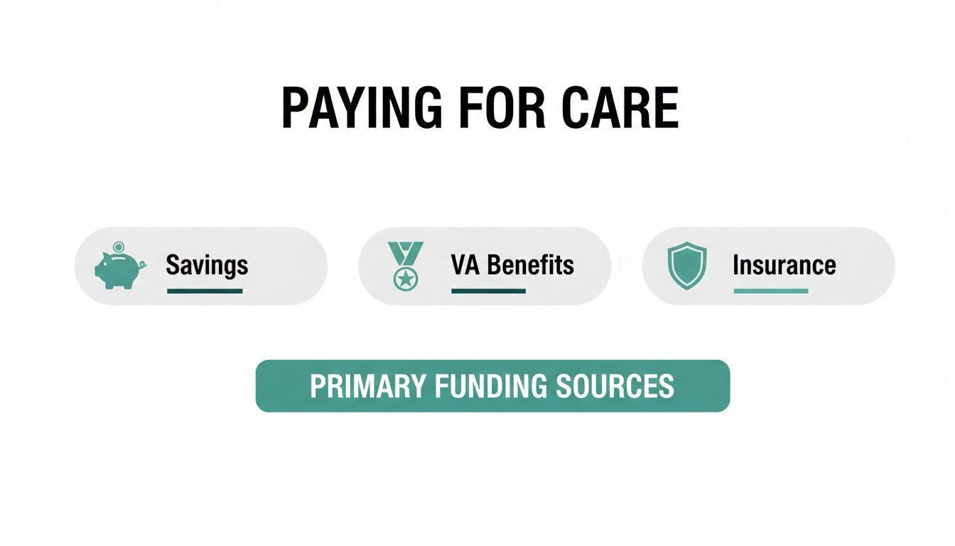 Infographic showing primary funding sources for care: savings, VA benefits, and insurance, against a white background.