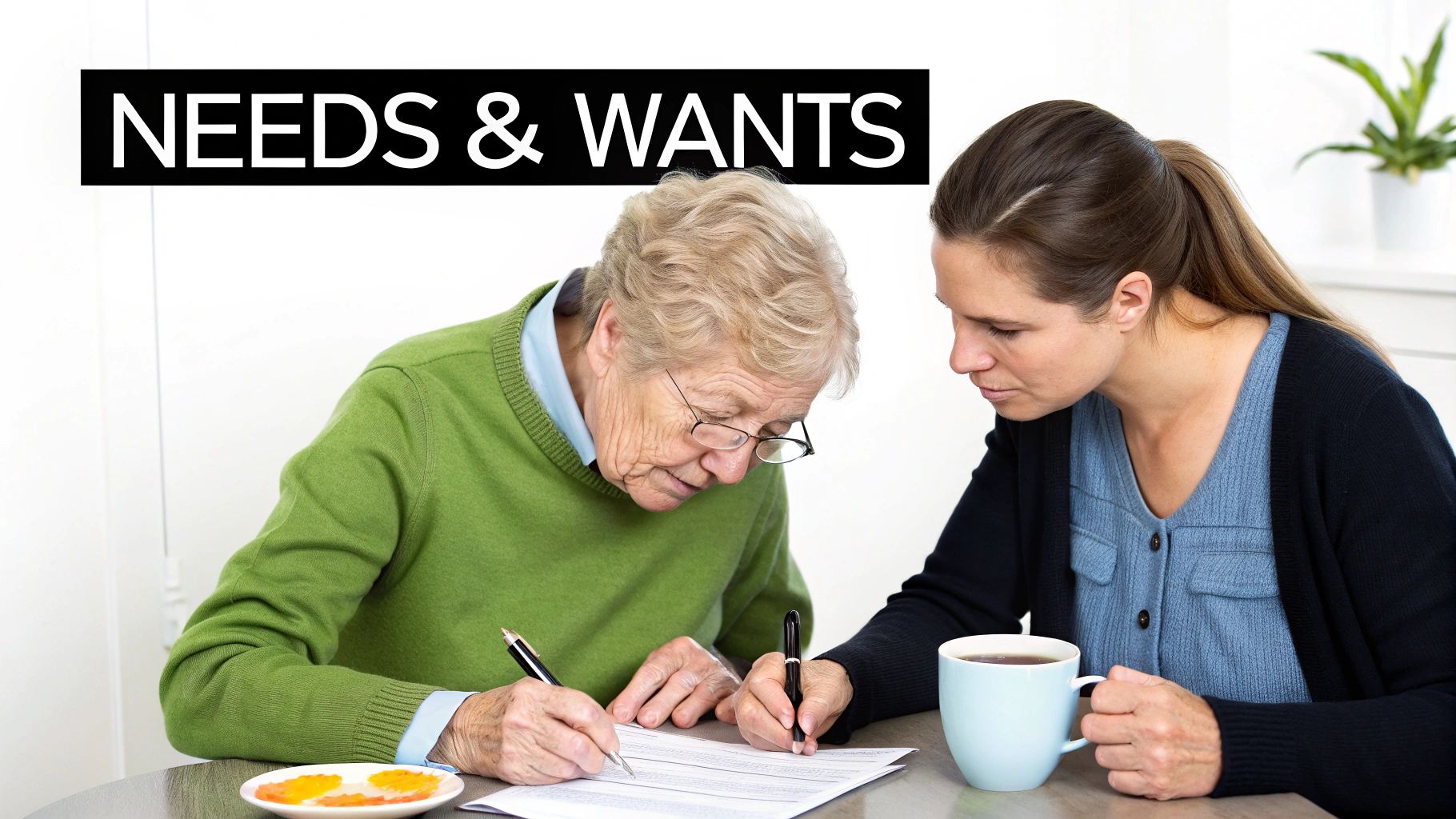 Two women, one elderly, write on a document at a table, discussing needs and wants.