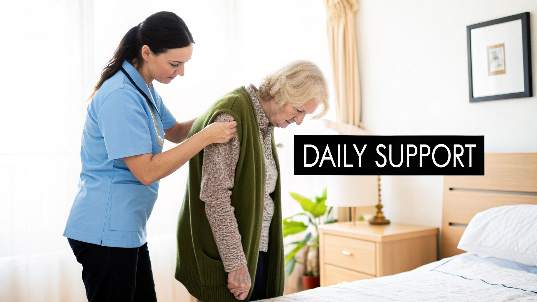 A kind caregiver in a blue uniform assists an elderly woman with daily support in a bedroom.