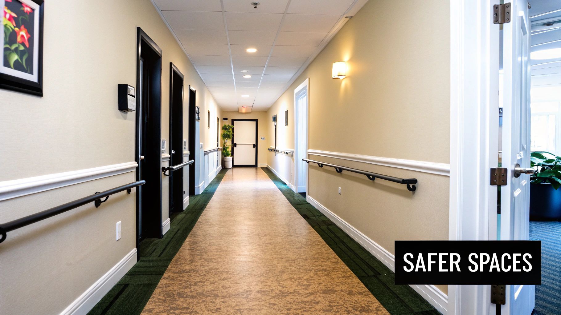 A long, well-lit hallway in an assisted living facility with handrails and multiple doors.