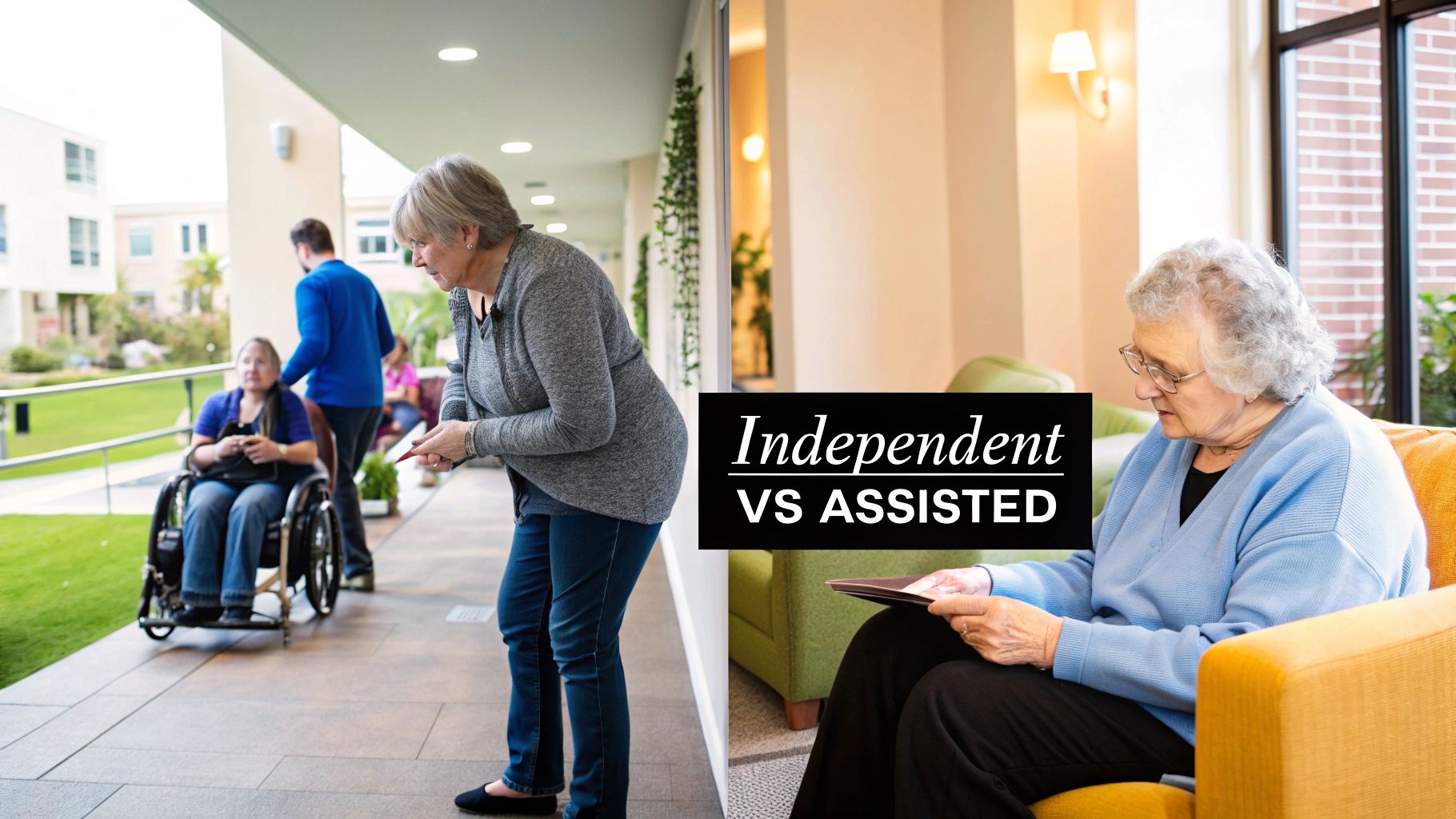 Split image contrasting independent living with active seniors outdoors and assisted living with a senior relaxing indoors.