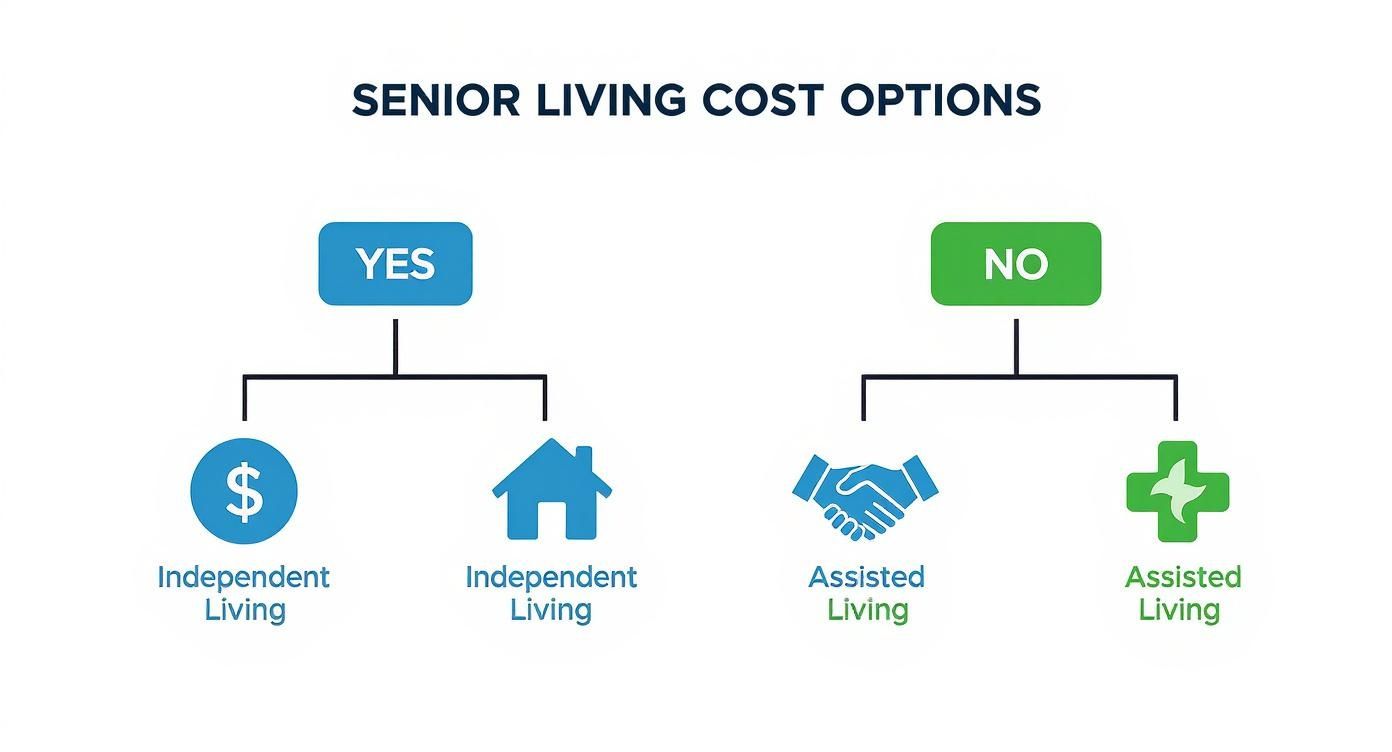 Decision tree illustrating senior living cost options, differentiating Independent Living from Assisted Living services.