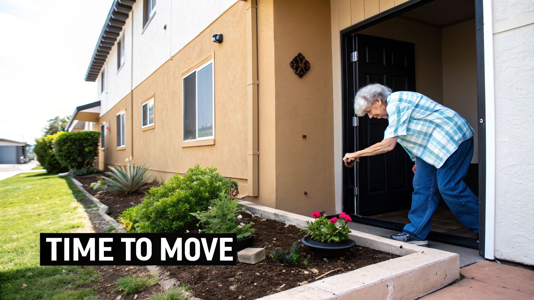 An older woman steps out of a doorway, embodying the 'Time to Move' message for seniors.