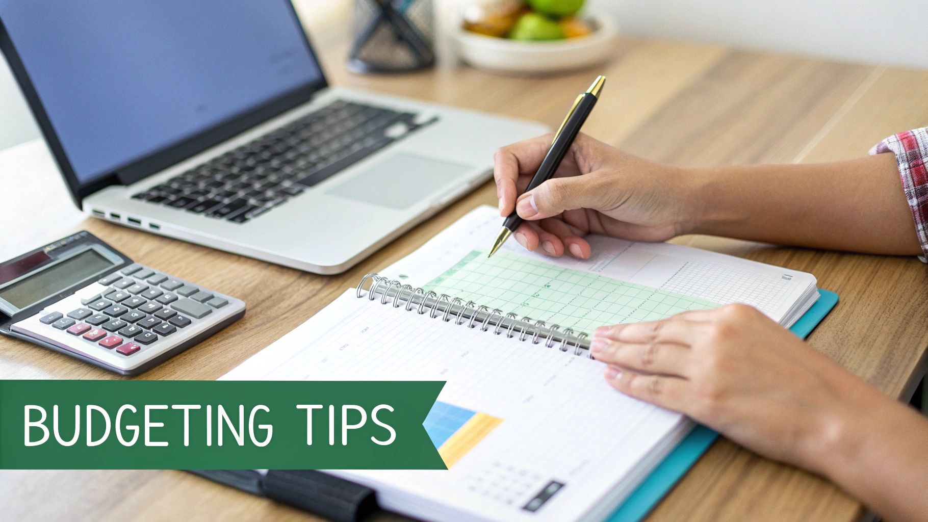 A person writing in a budget planner with a pen, calculator, and laptop on a wooden desk.