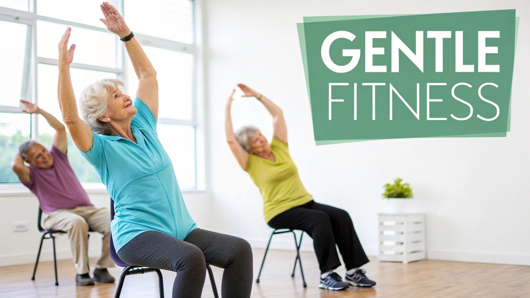 Three seniors participate in a seated gentle fitness class, stretching their arms.