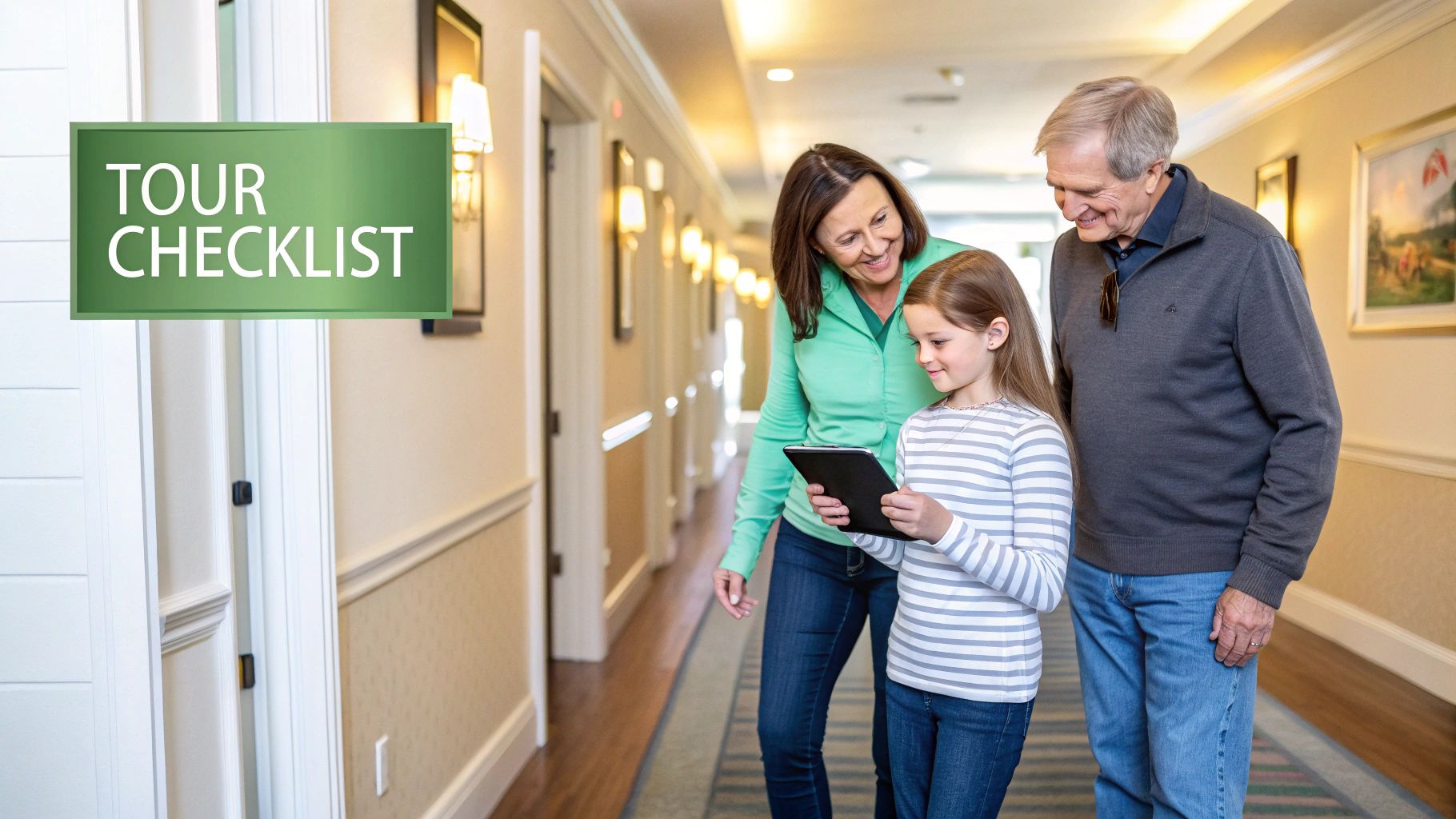 A multi-generational family reviews a tour checklist on a tablet in an assisted living hallway.