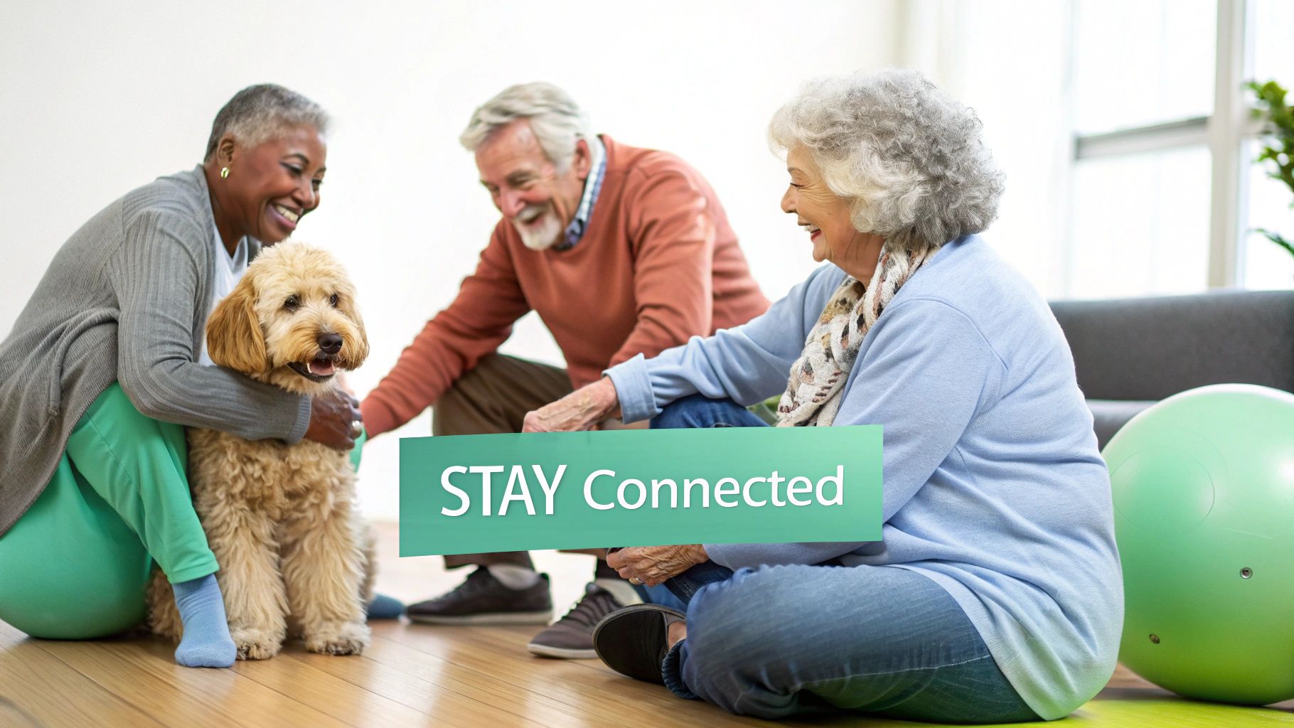 Diverse senior friends laughing while petting a fluffy dog on a warm wooden floor.
