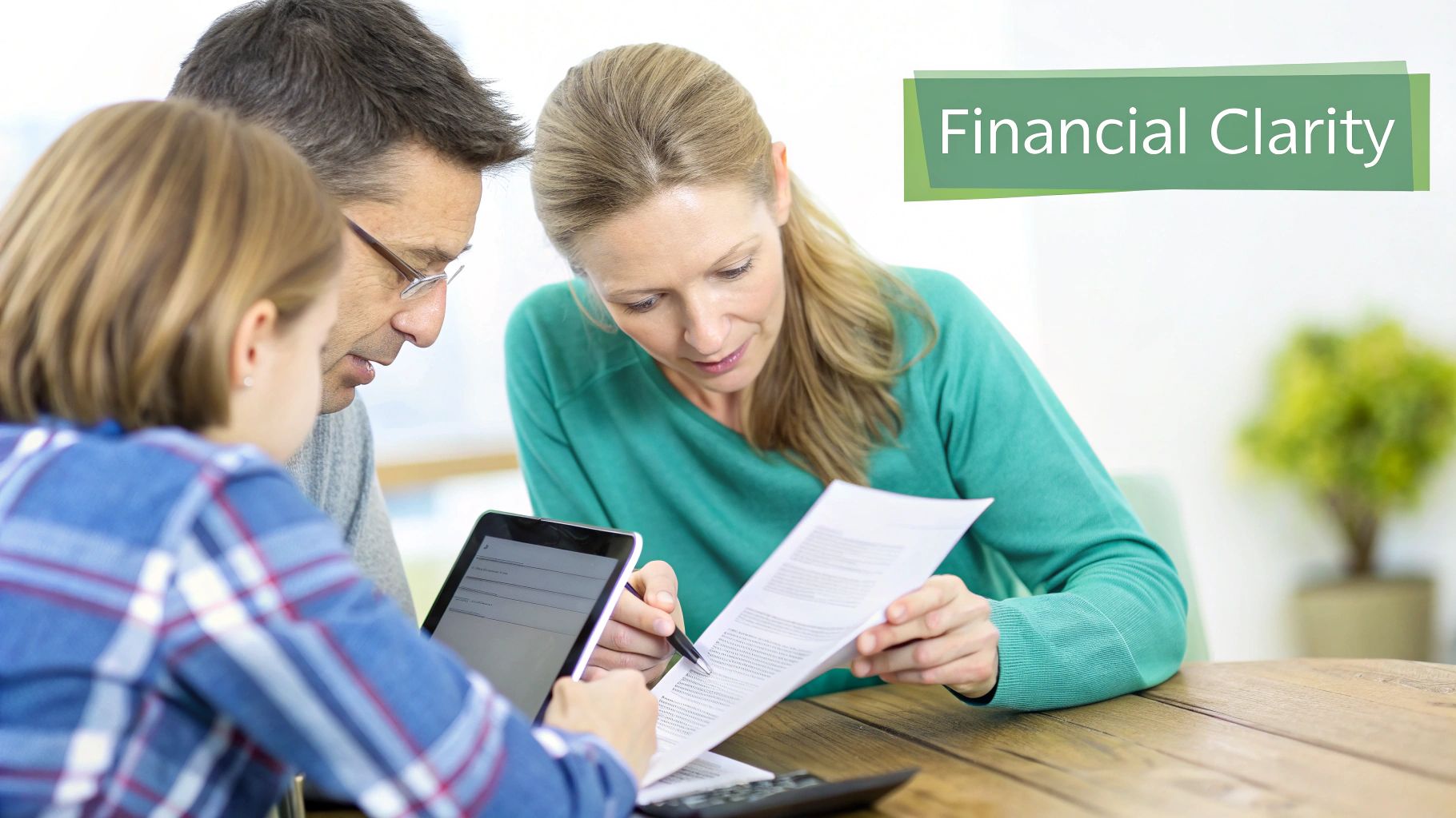 Family of three discussing financial documents and a tablet, with 'Financial Clarity' text.