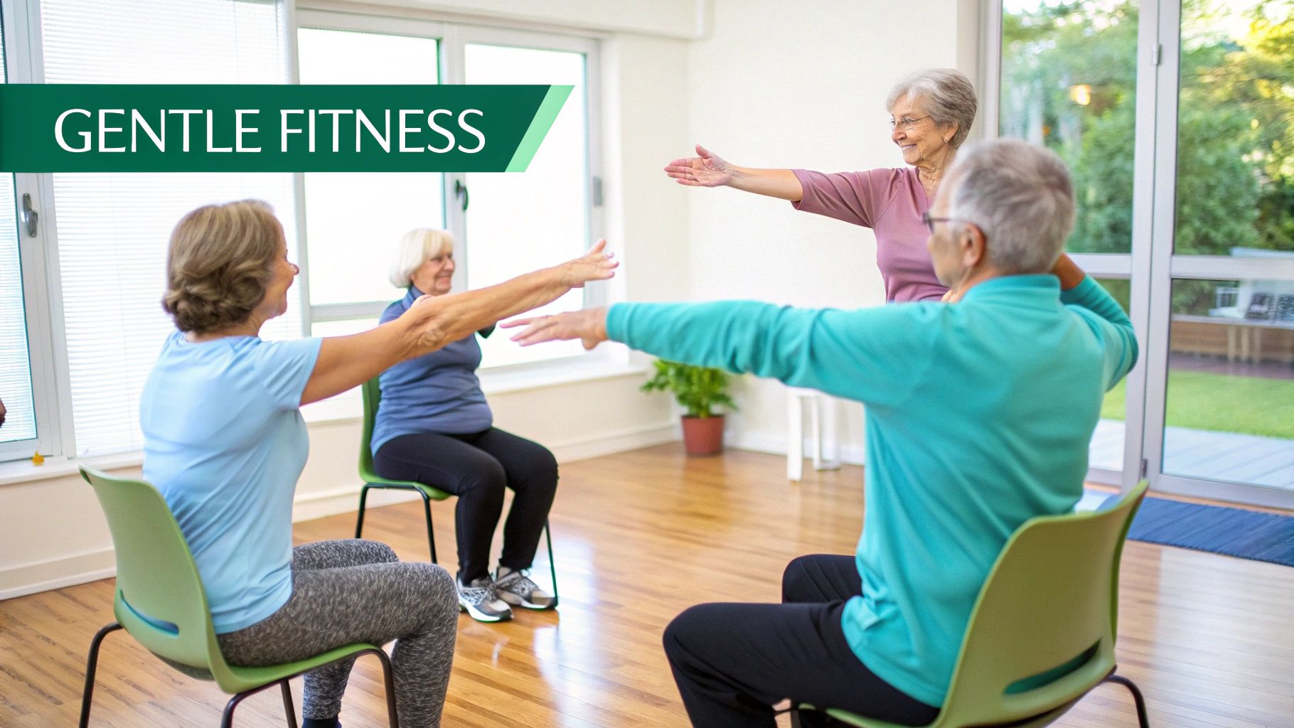 Smiling seniors engage in a gentle fitness class, stretching their arms while sitting on chairs.