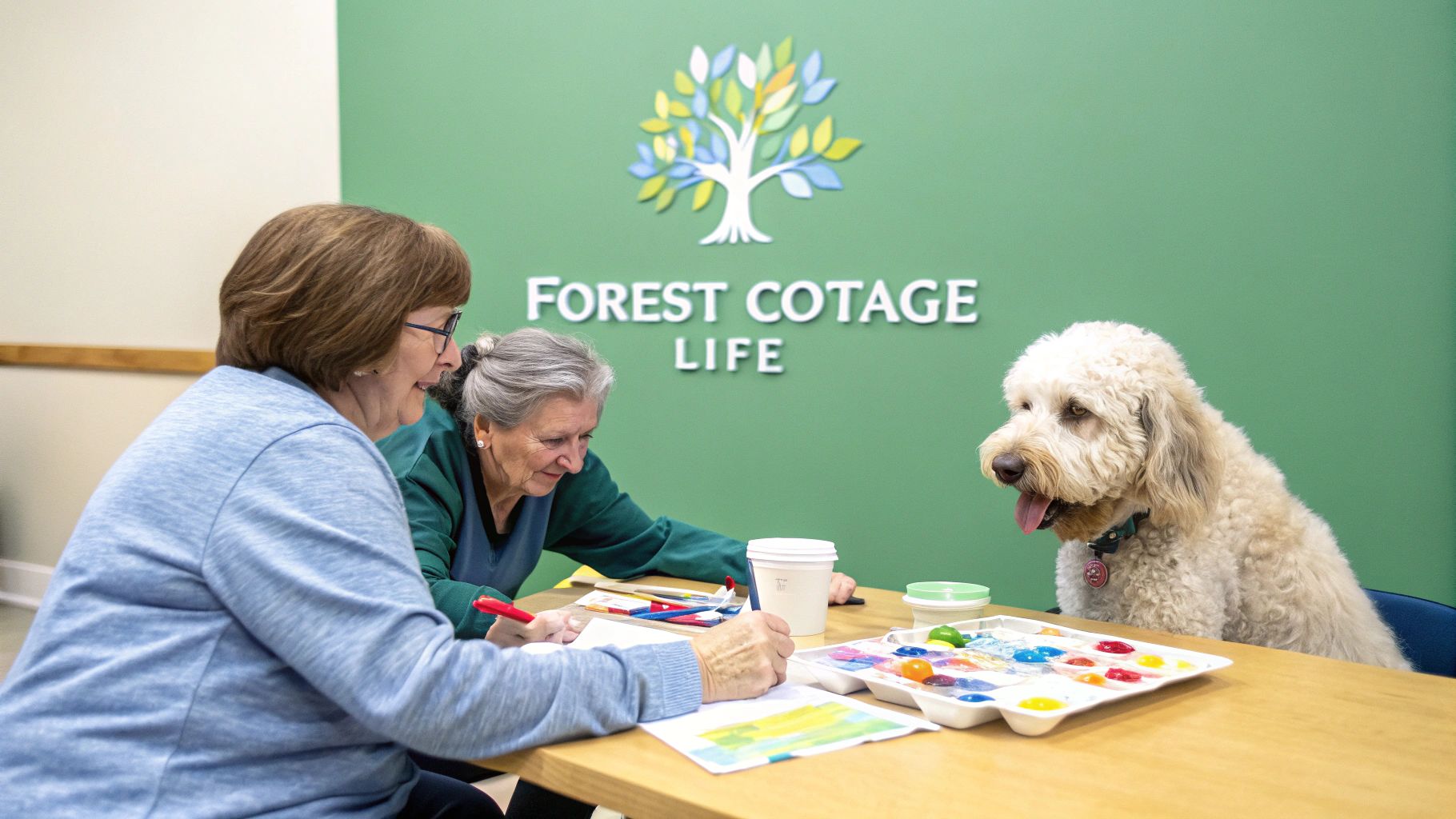 Two senior women and a therapy dog engage in a colorful art activity at a care facility.