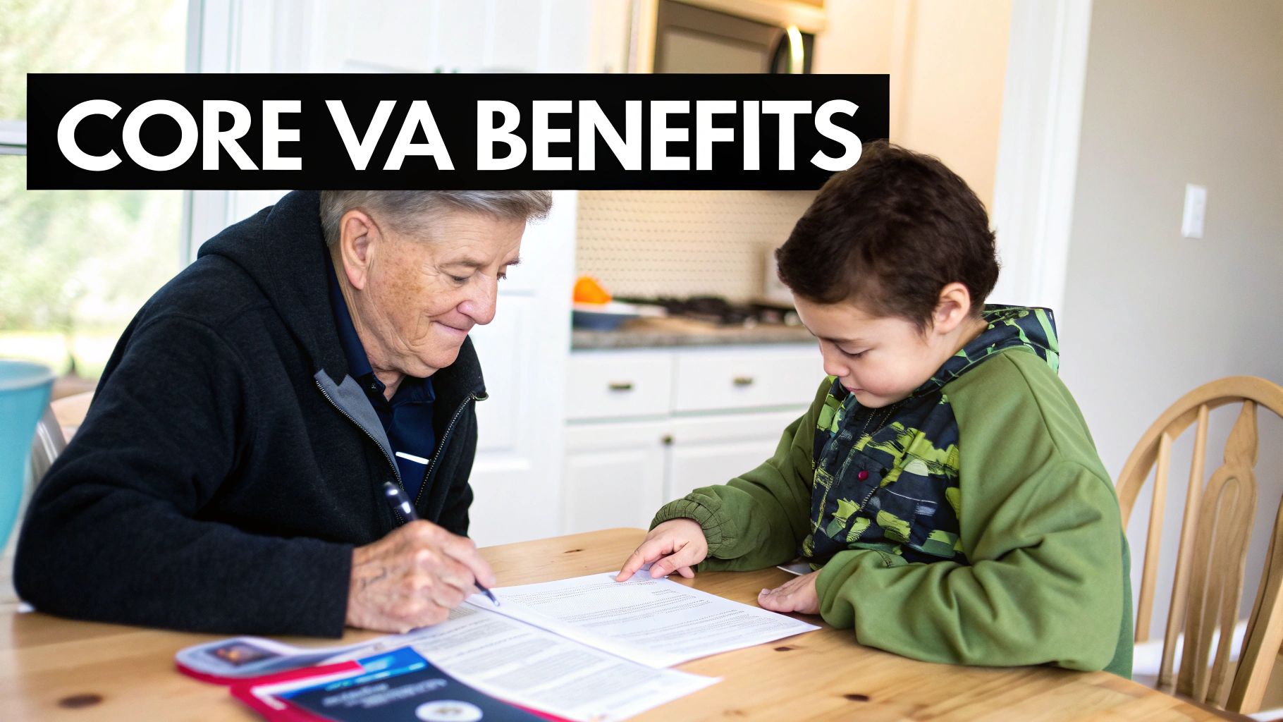 An elderly man and a young boy reviewing documents at a table with 'CORE VA BENEFITS' banner.