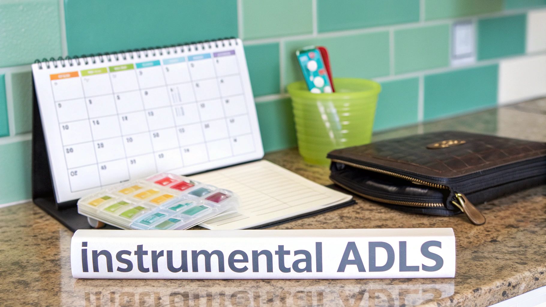 A calendar, pill organizer, planner, and wallet on a counter next to a 'instrumental ADLS' sign.