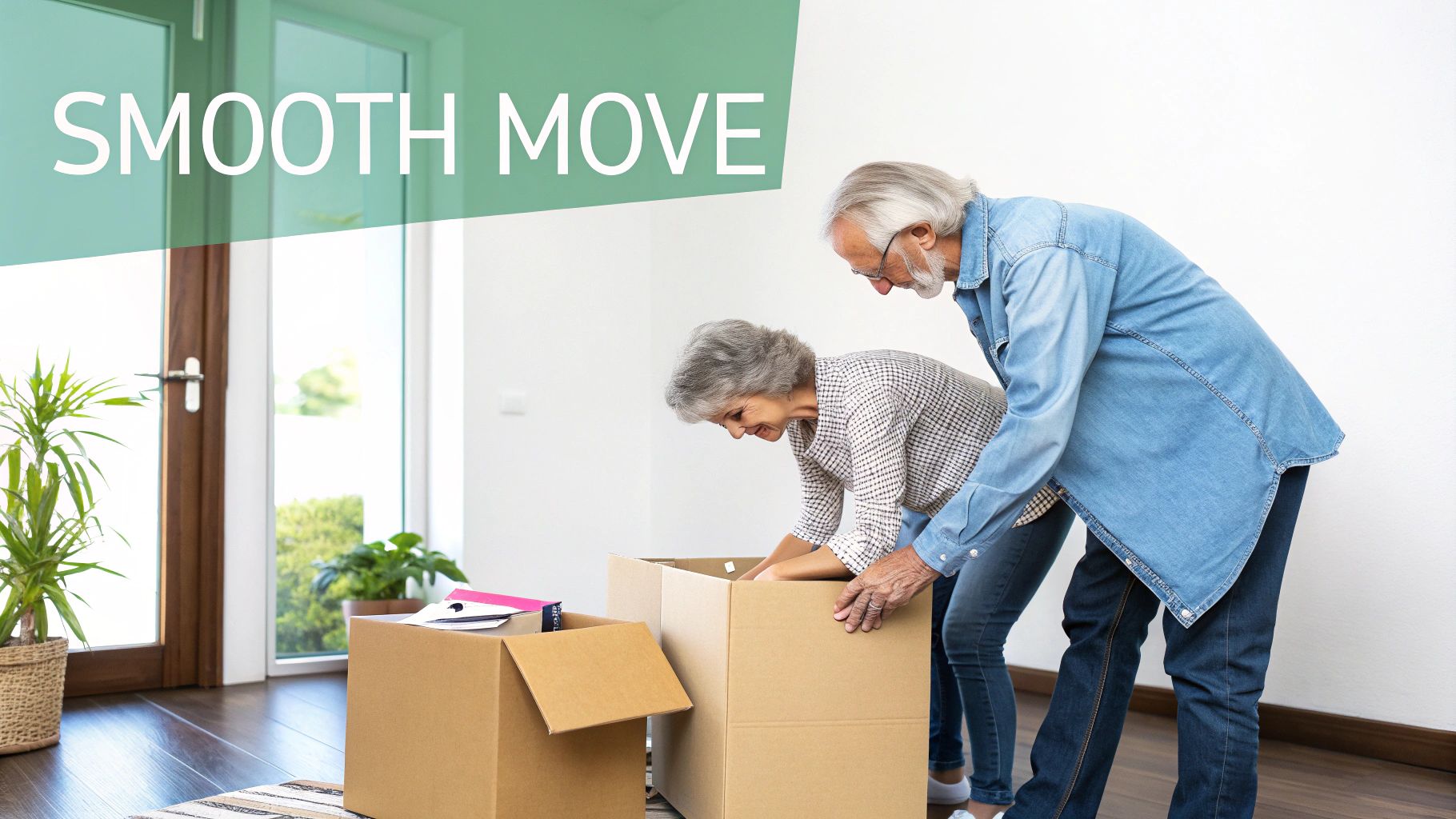 Smiling senior couple unpacking cardboard boxes, signifying a smooth move into their new home.