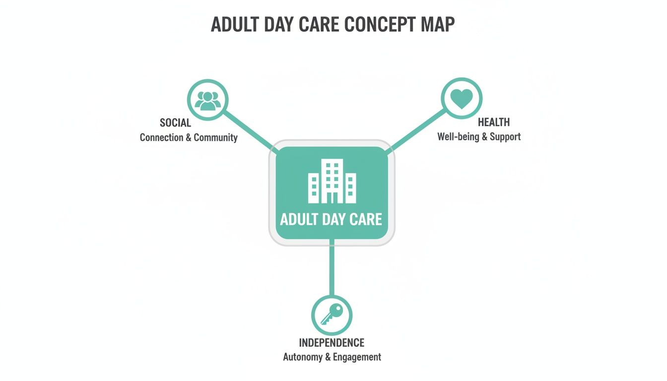Concept map illustrating adult day care benefits: social connection, health support, and independence.