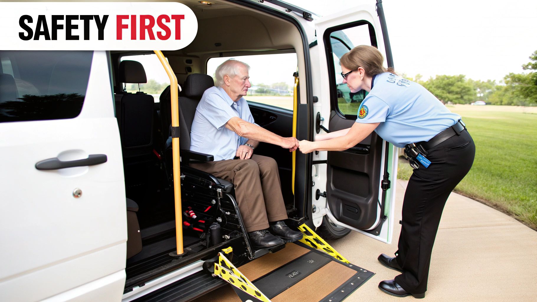Caregiver assists senior man in wheelchair transferring from accessible van with ramp.