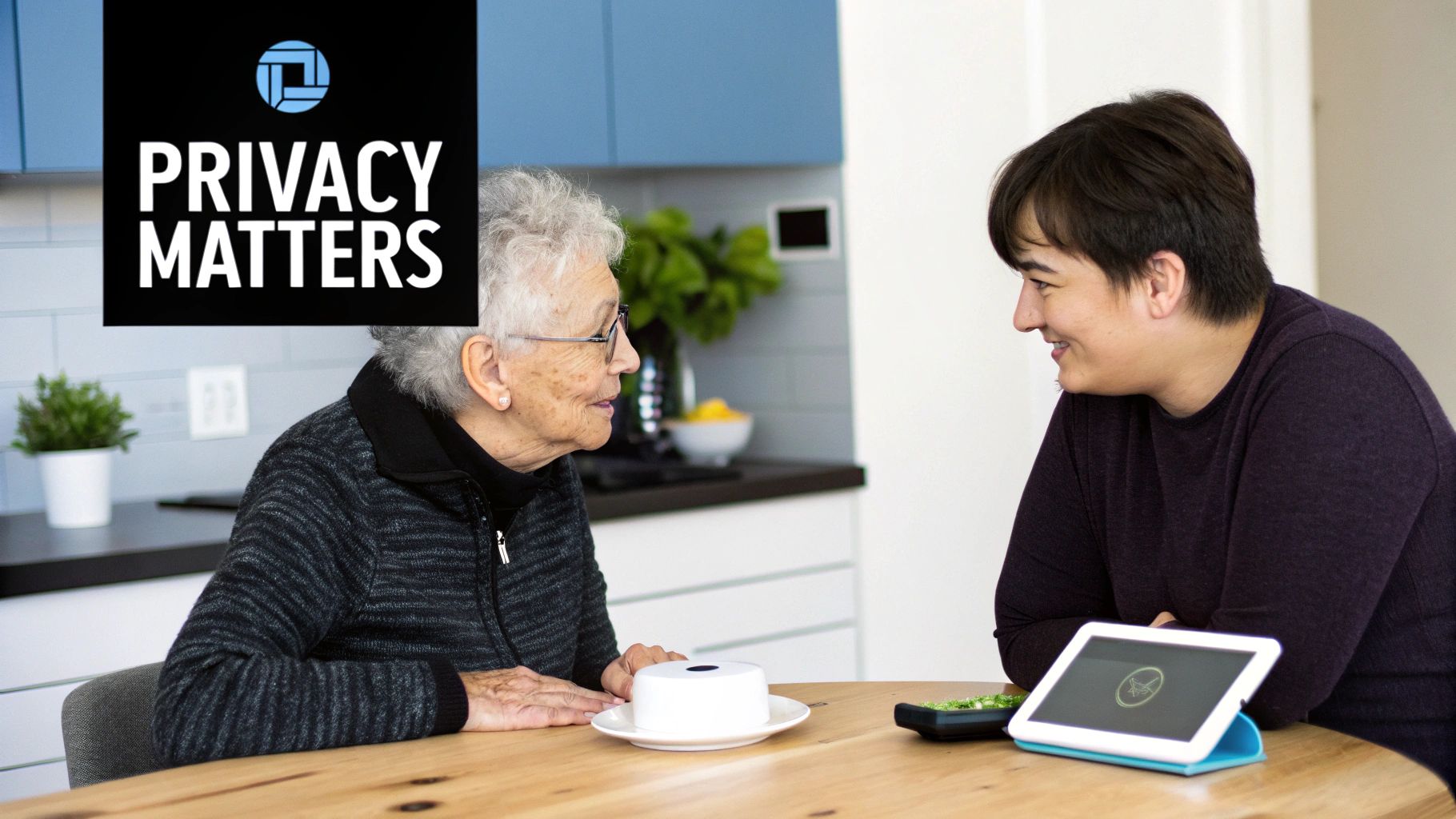 A senior woman and a young person discussing a smart home device, emphasizing privacy matters.