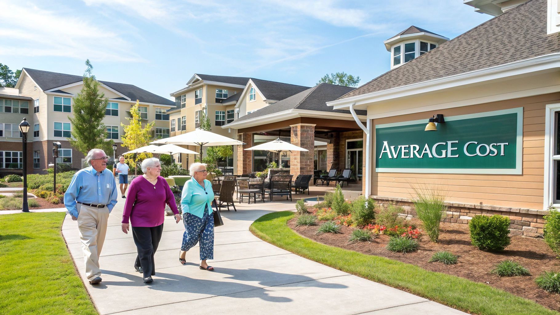 Seniors walk past buildings and an 'AVERAGE COST' sign at an assisted living community.