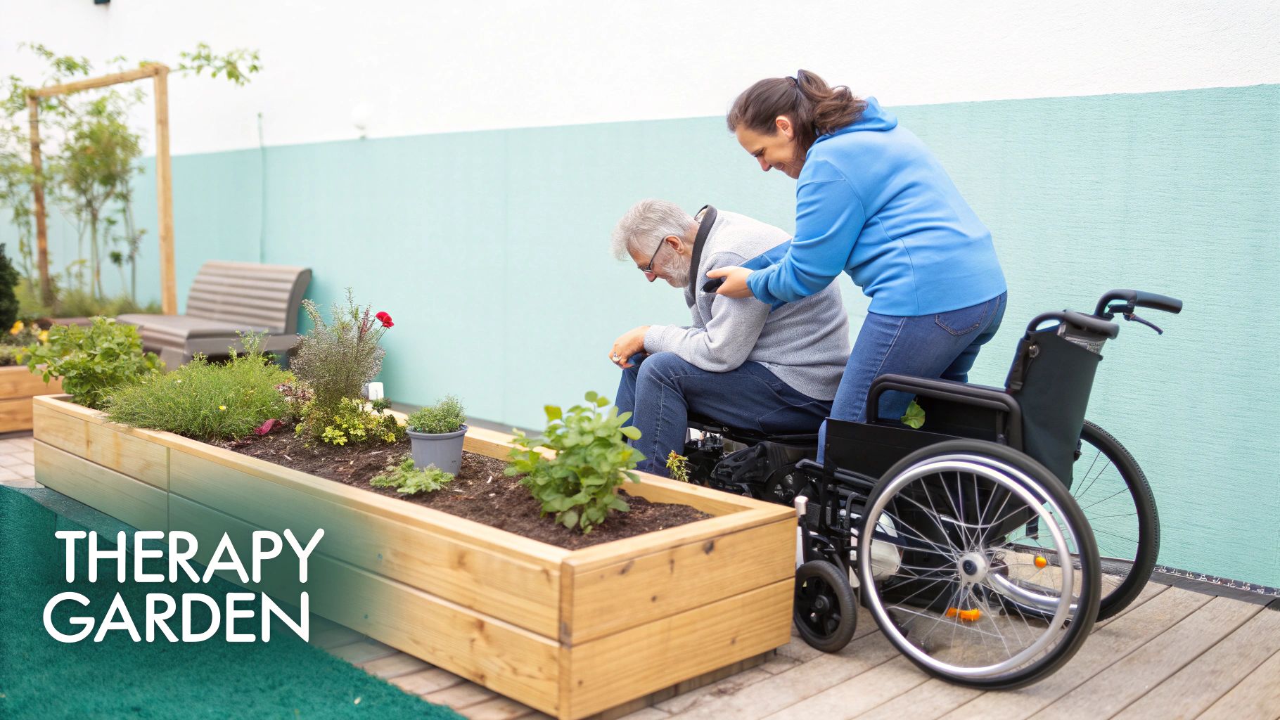 A woman assists an elderly man in a wheelchair gardening at a raised therapy garden.