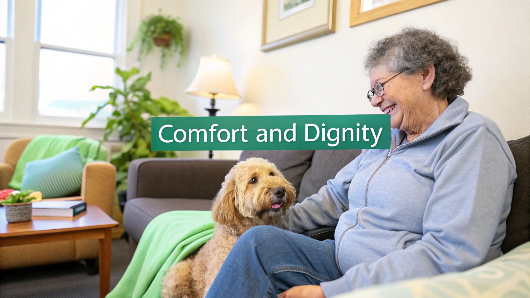 A smiling elderly woman in glasses pets a fluffy dog on a couch in a bright living room.