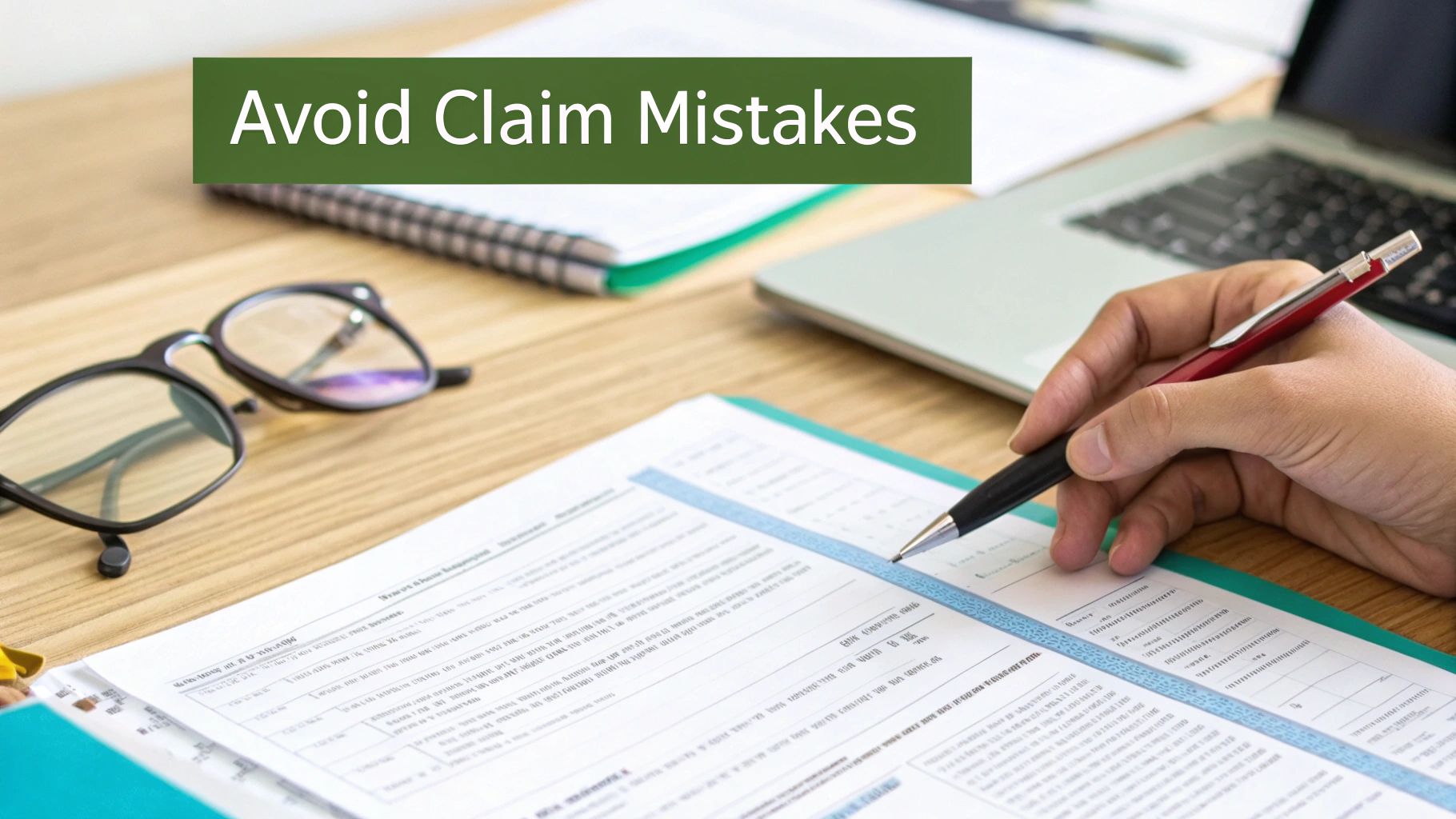 A person fills out a document with a pen, with glasses and a laptop nearby, highlighting 'Avoid Claim Mistakes'.
