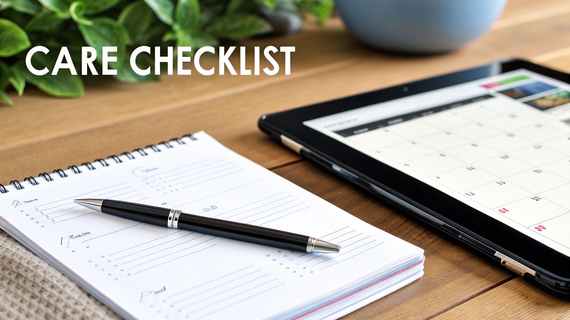 A desk with a notebook, pen, and tablet displaying a calendar with the text 'CARE CHECKLIST'.