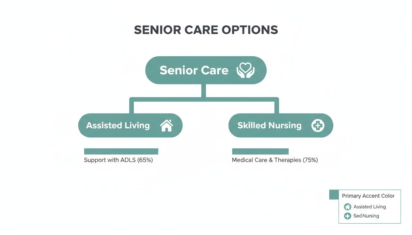 Flowchart illustrating senior care options: assisted living with ADLS support and skilled nursing with medical care.