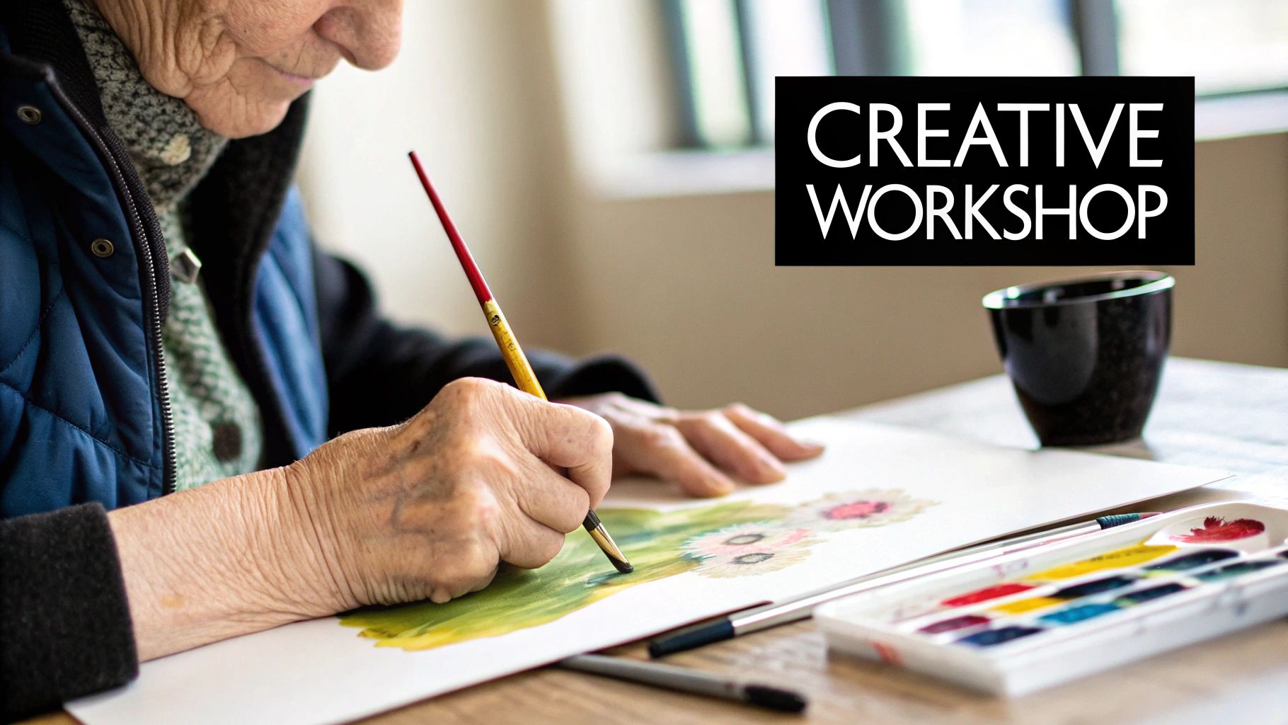 Close-up of an elderly person's hands painting with watercolors at a creative workshop.