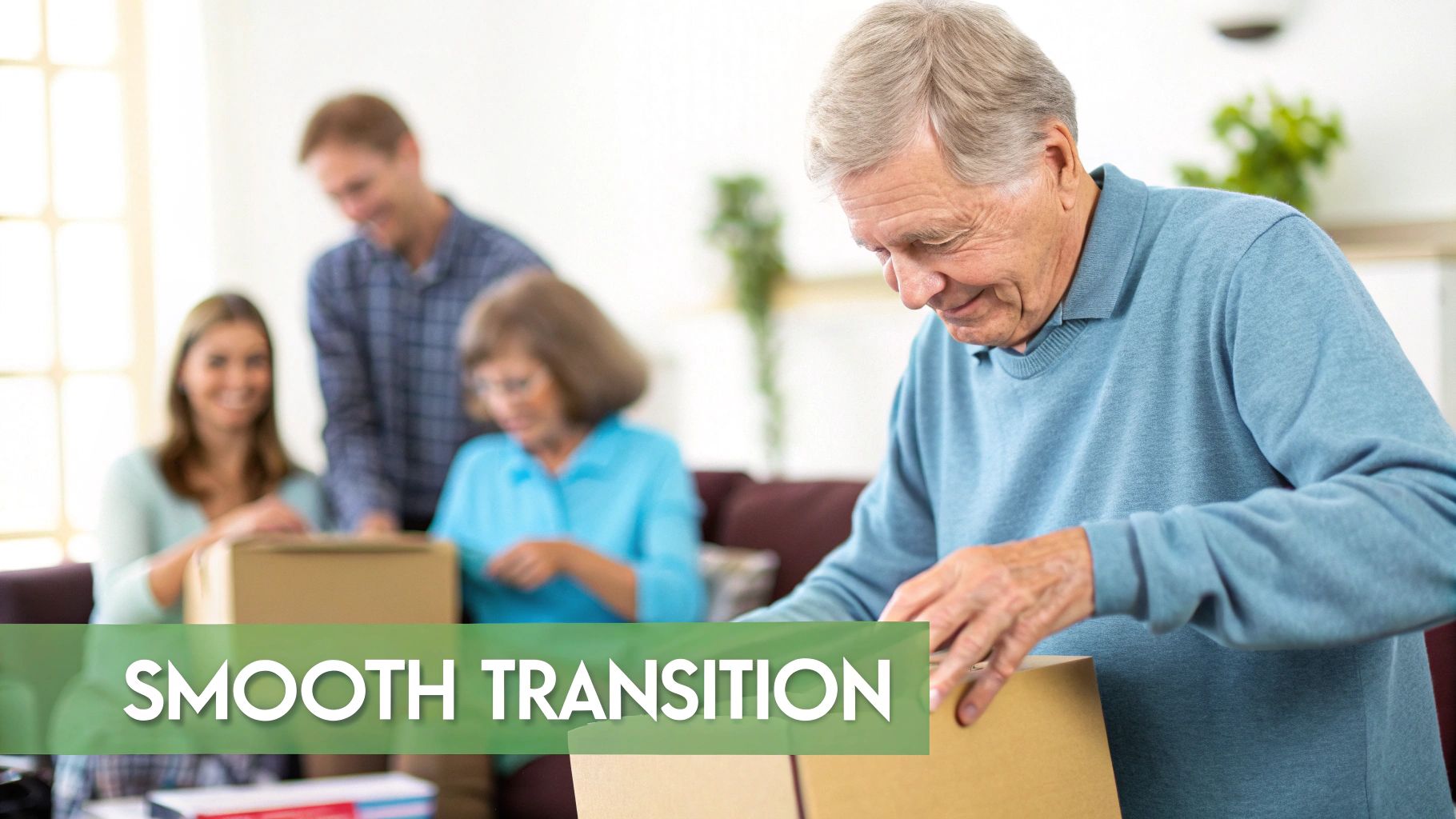 An elderly man smiles while opening a moving box with his family in a living room.
