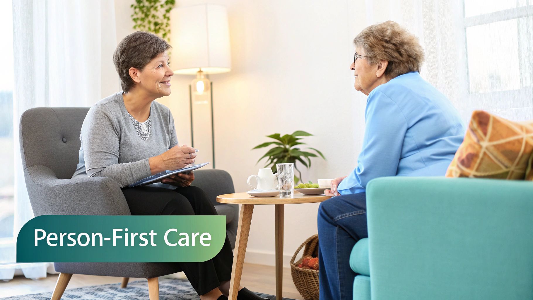 Two senior women discussing in a comfortable living room, one holds a tablet, representing person-first care.