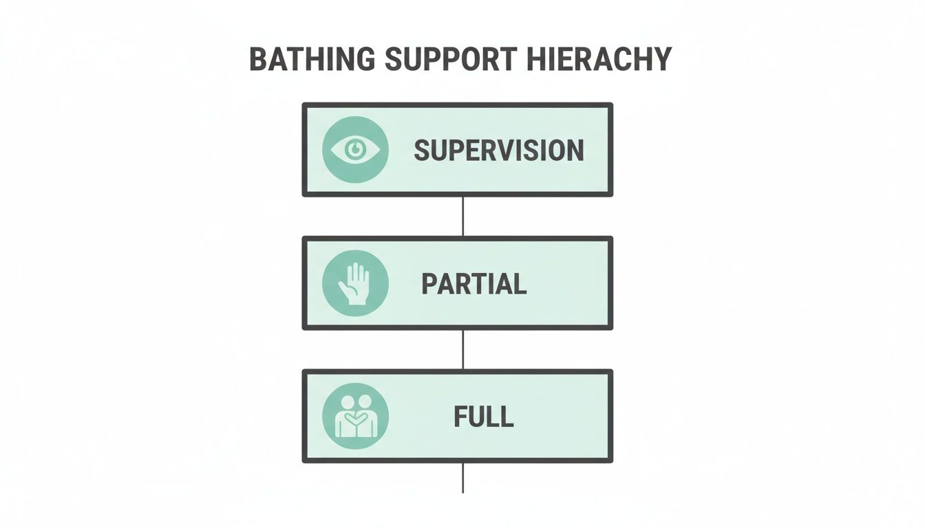 A flowchart illustrates the bathing support hierarchy: Supervision, Partial, and Full assistance levels.