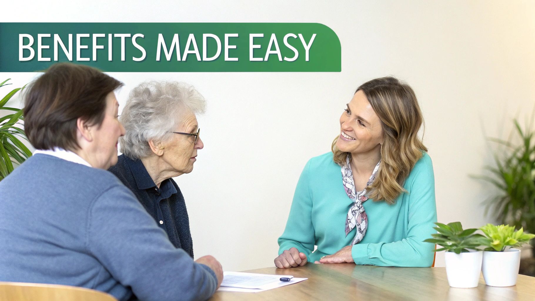 Three women, two seniors and one professional, discussing 'BENEFITS MADE EASY' at a table.