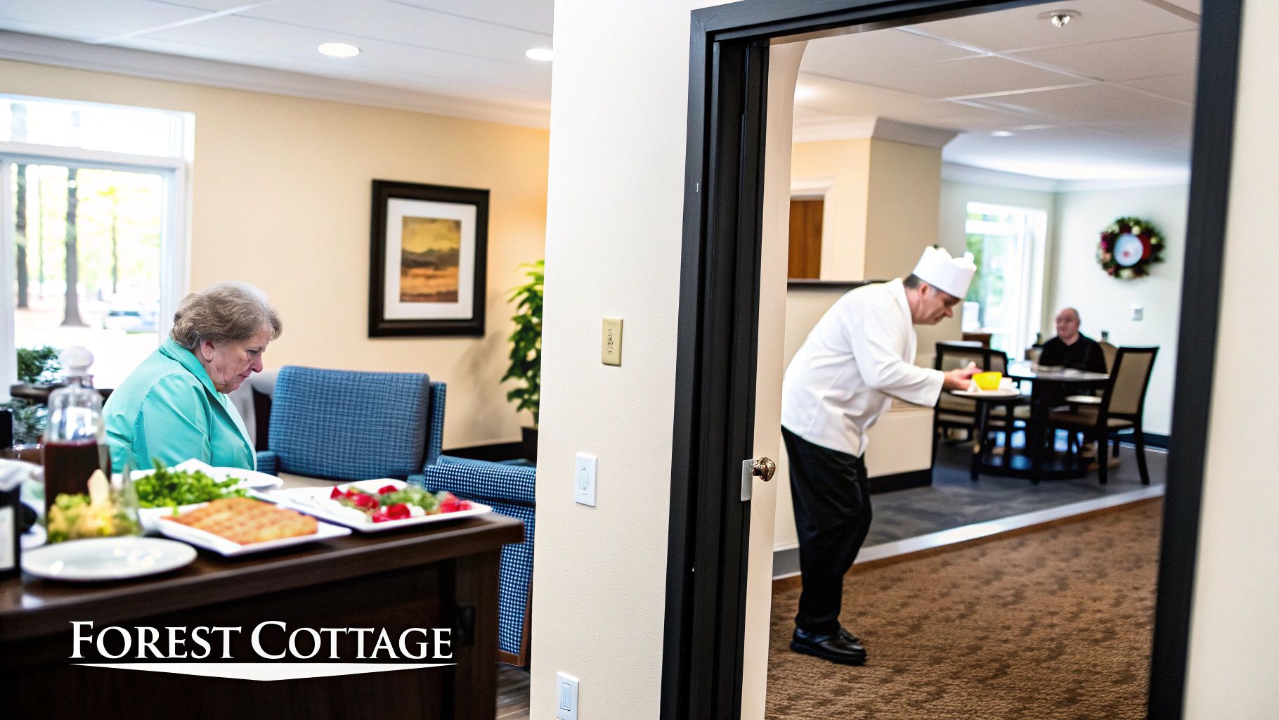 A chef serves a meal to a senior resident in a dining room, with another senior woman at a table.
