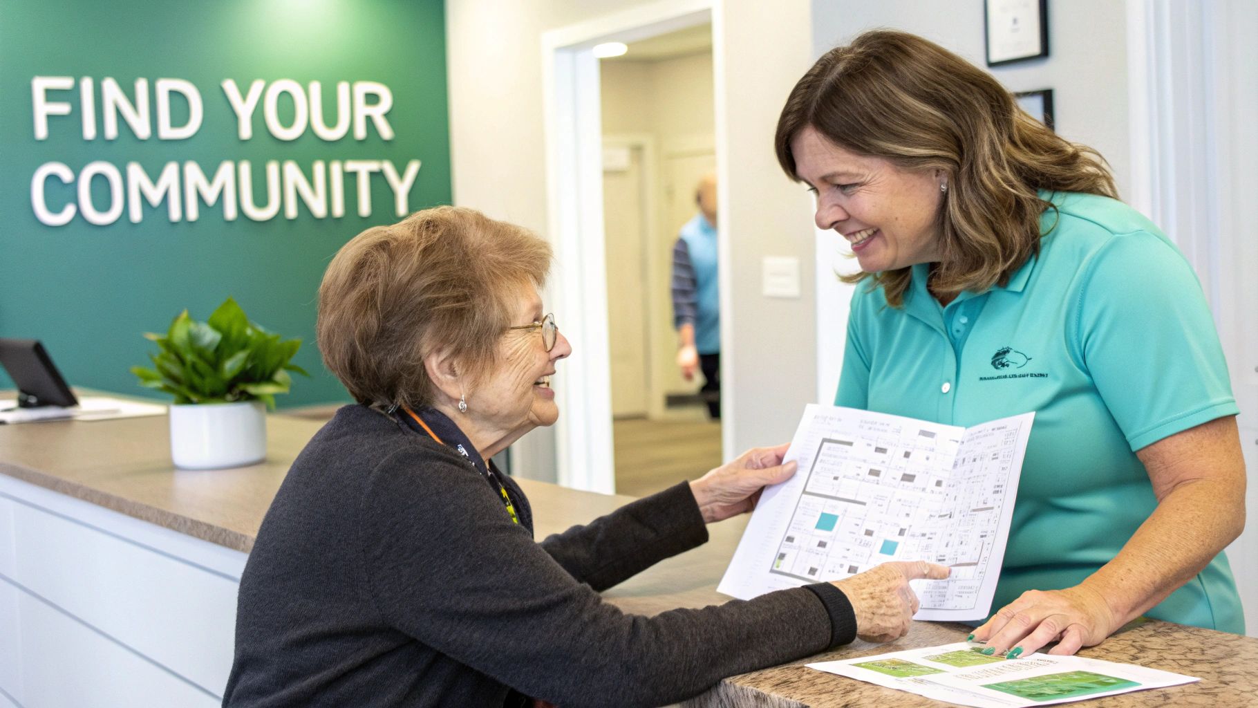 Two women discussing a floor plan at a welcoming independent living community reception area.