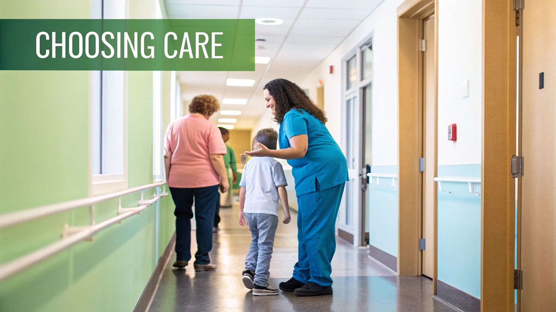 A caring nurse in blue scrubs talks to a young boy in a bright hospital hallway.