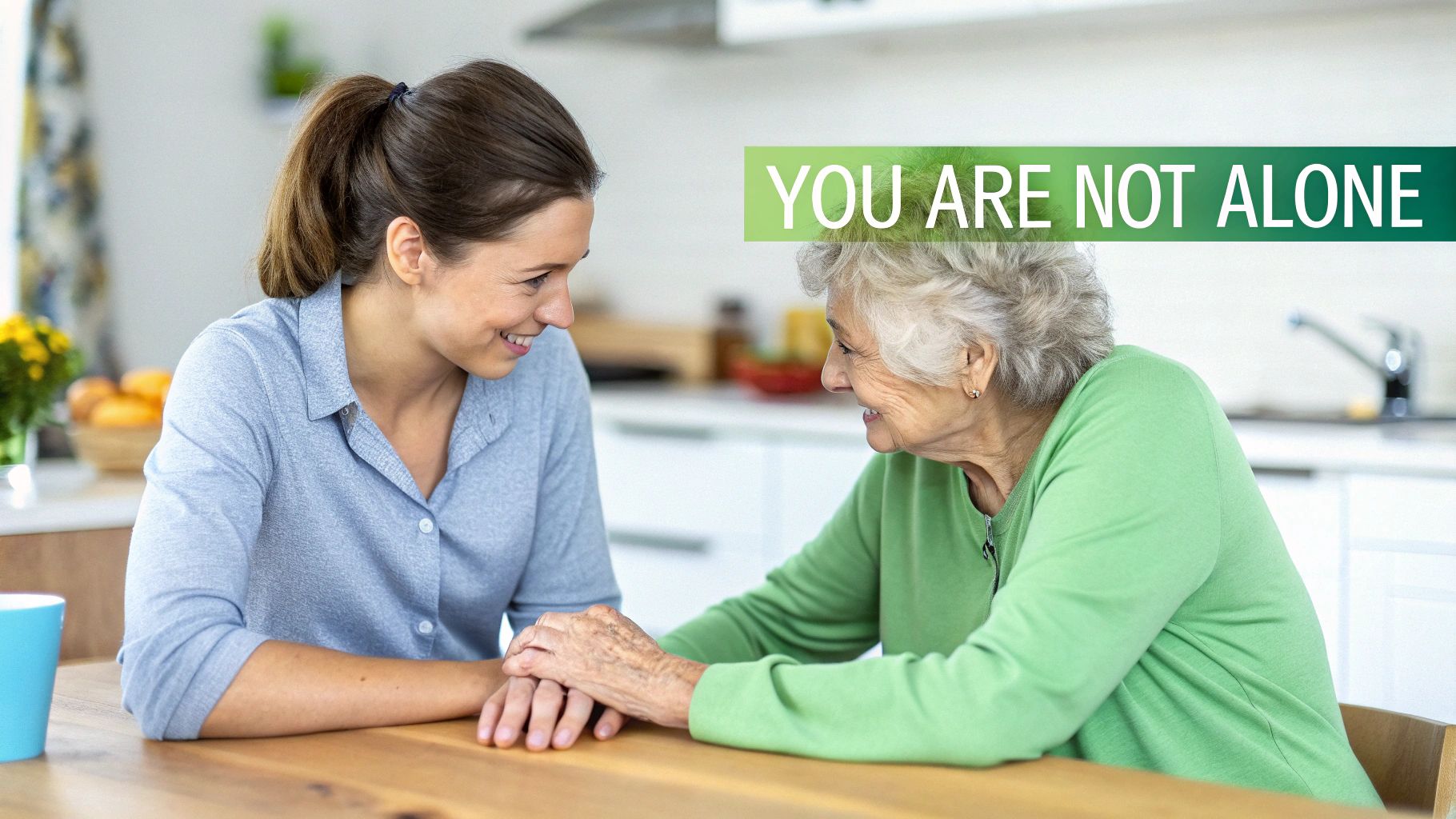 A caring young woman holds the hand of an elderly woman, both smiling. Text: YOU ARE NOT ALONE.