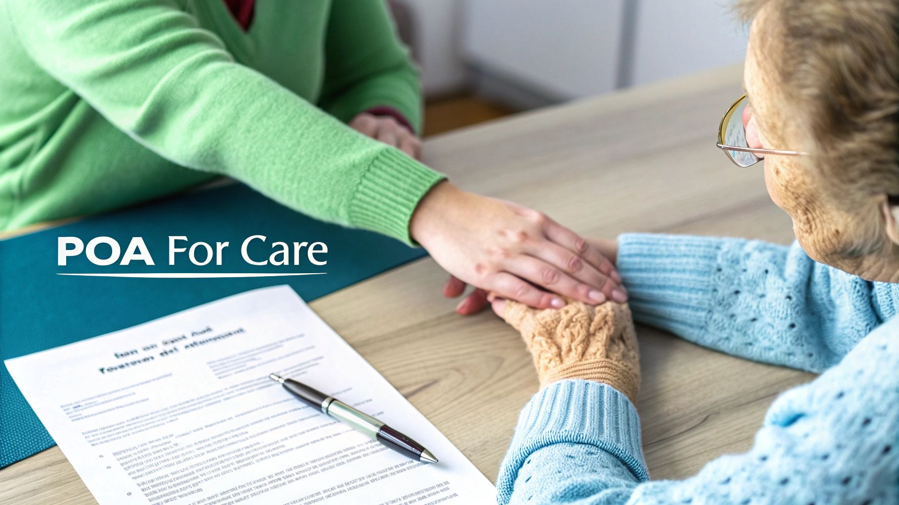 A younger person reassures an elderly individual while discussing a Power of Attorney for Care document.