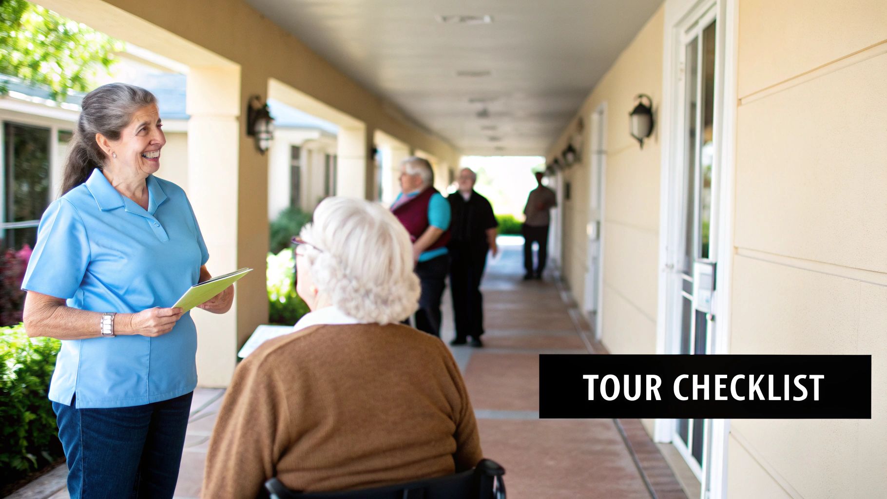 A smiling staff member shows an elderly woman in a wheelchair a green folder during a tour.