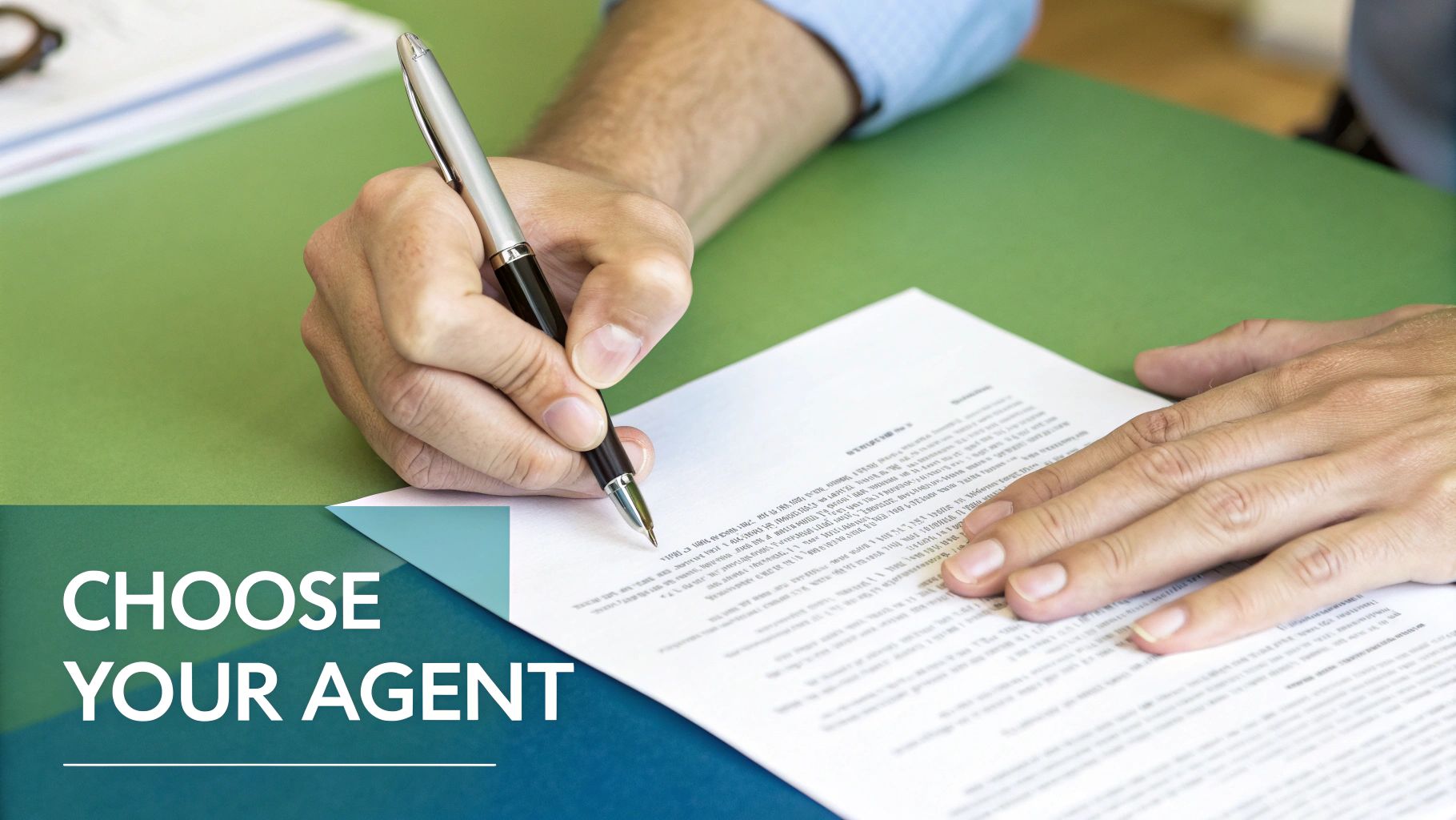 Close-up of a person's hands signing a legal document with a pen on a green table.