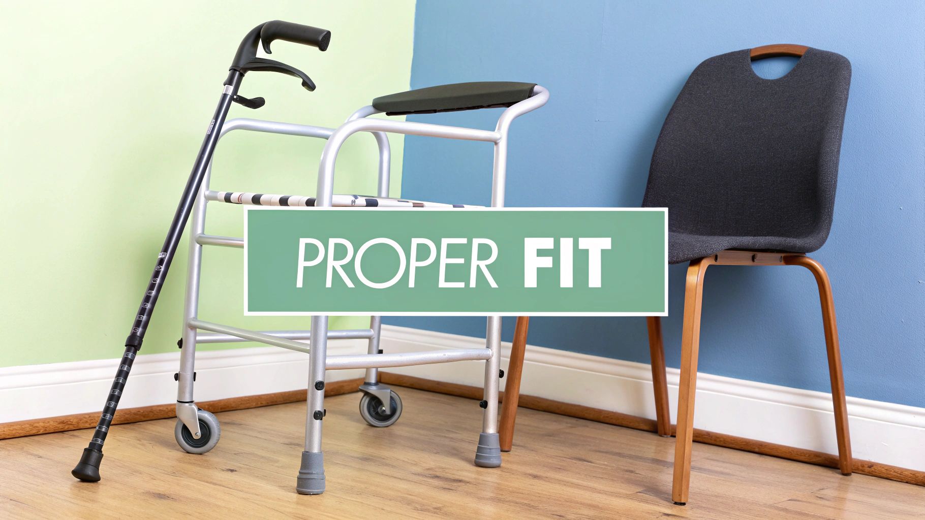 A walking cane, a walker, and a chair in a room, with a 'PROPER FIT' banner.