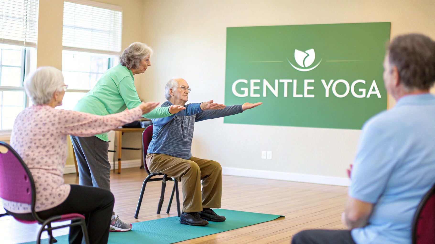 Seniors in an assisted living facility participating in a gentle yoga class, stretching their arms.