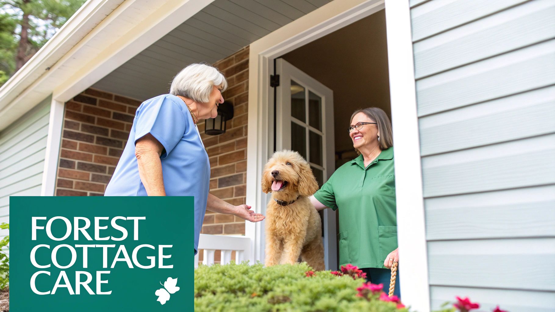 An elderly woman smiles at a friendly dog on a porch, greeted by a caregiver.