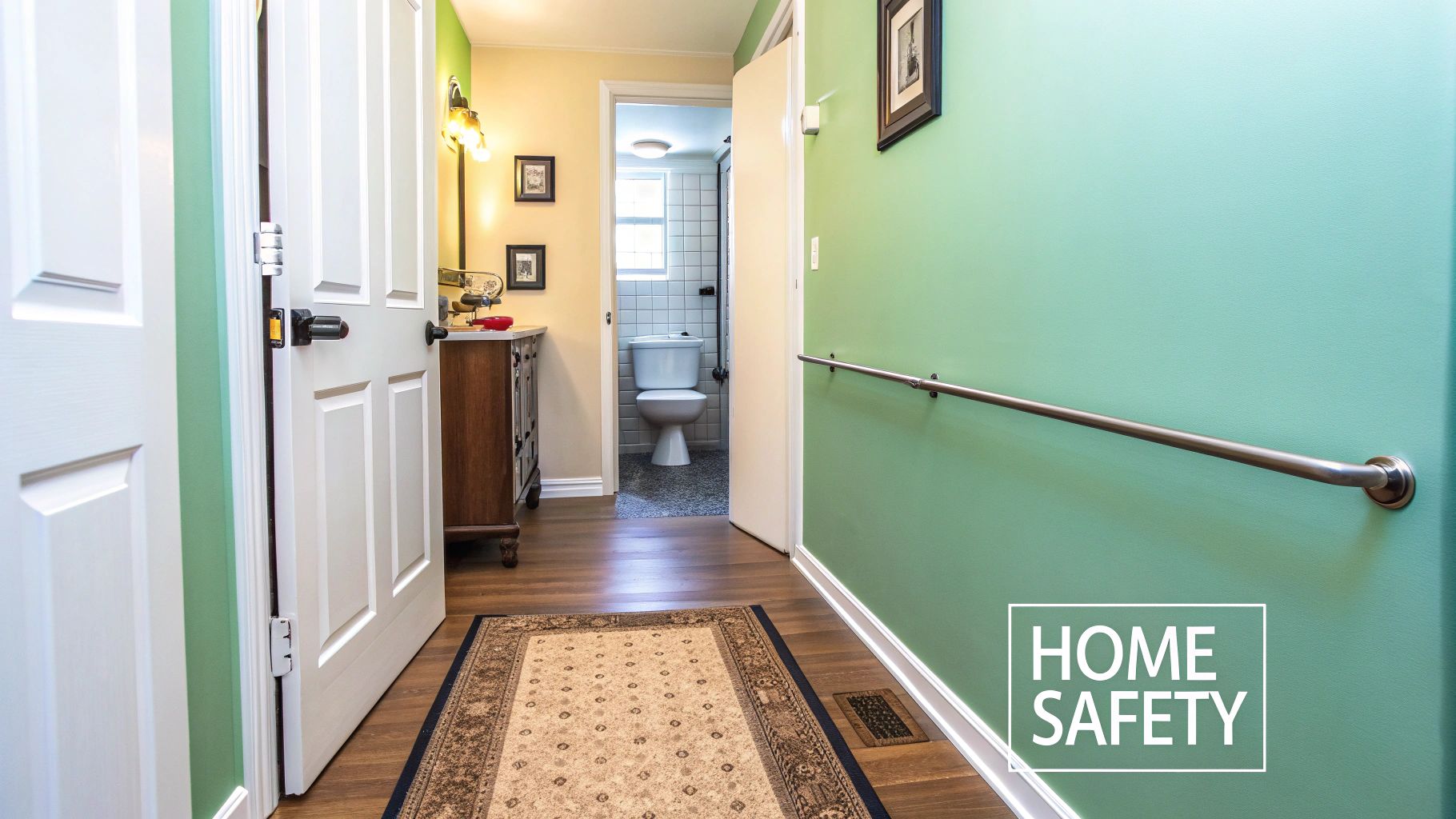 A home hallway with a grab bar on a green wall, wooden floors, and an open bathroom.