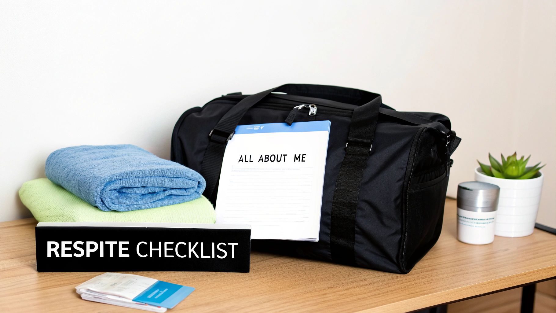 A black duffel bag, folded towels, and a clipboard with 'ALL ABOUT ME' for respite care preparation.