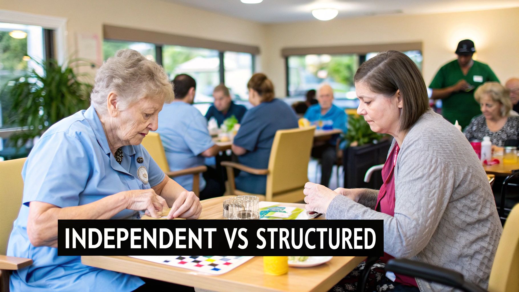Two women engaged in table activities inside a bright assisted living facility.