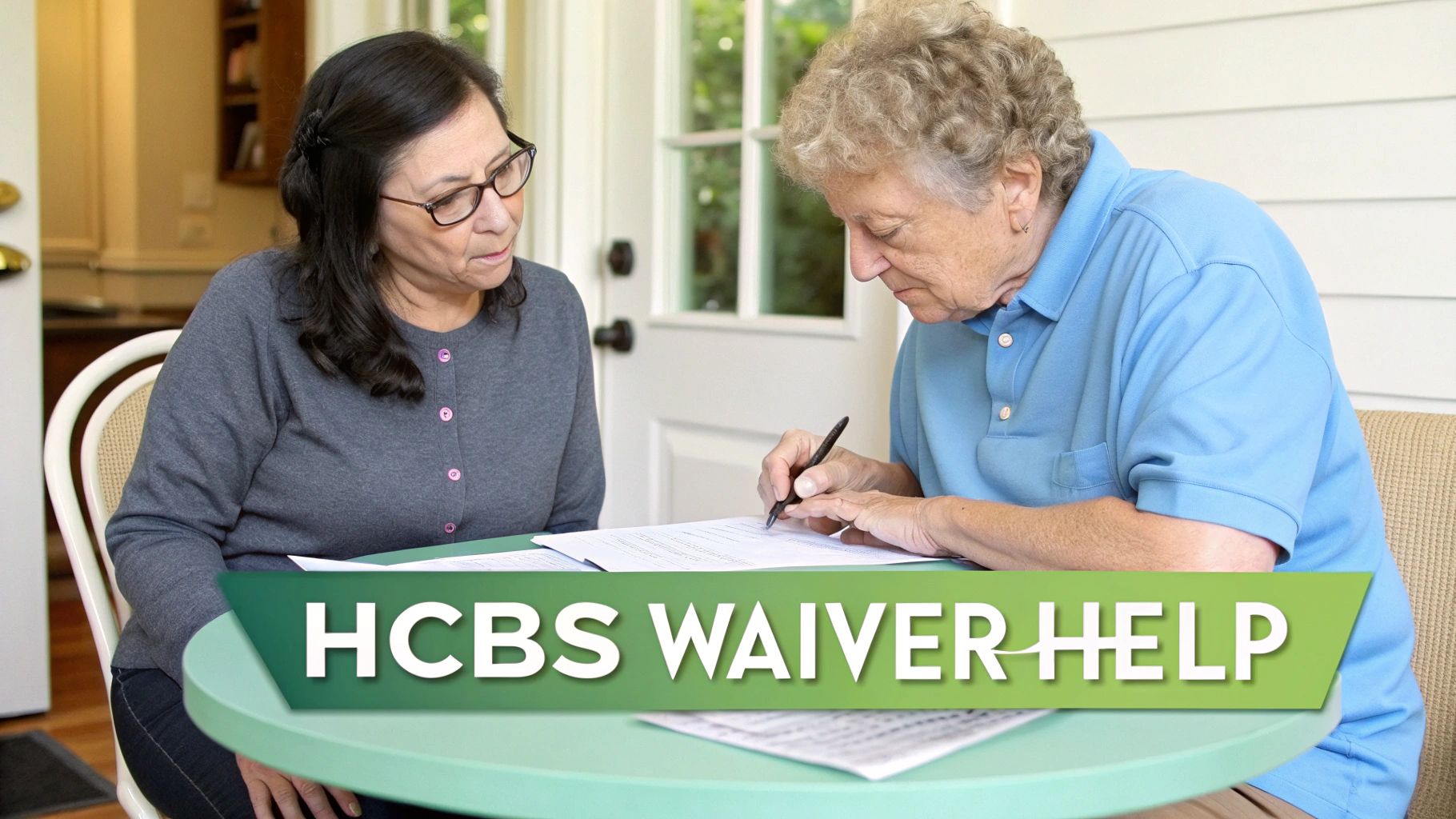 Two senior women review and sign HCBS waiver help documents at a light green table.