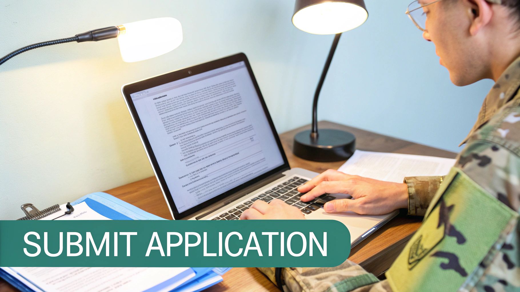A service member in uniform uses a laptop to fill out an application at a brightly lit desk.