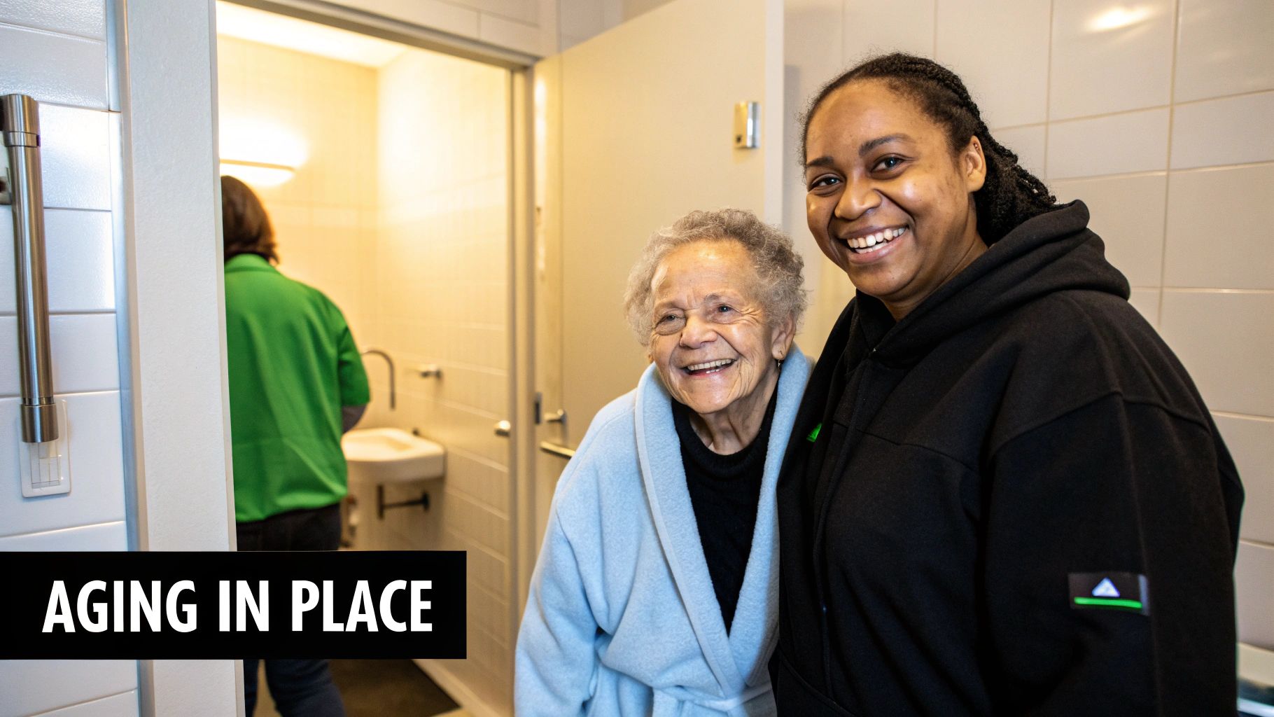 Two smiling women, an older one in a robe and a younger one, in a home bathroom, symbolizing aging in place.