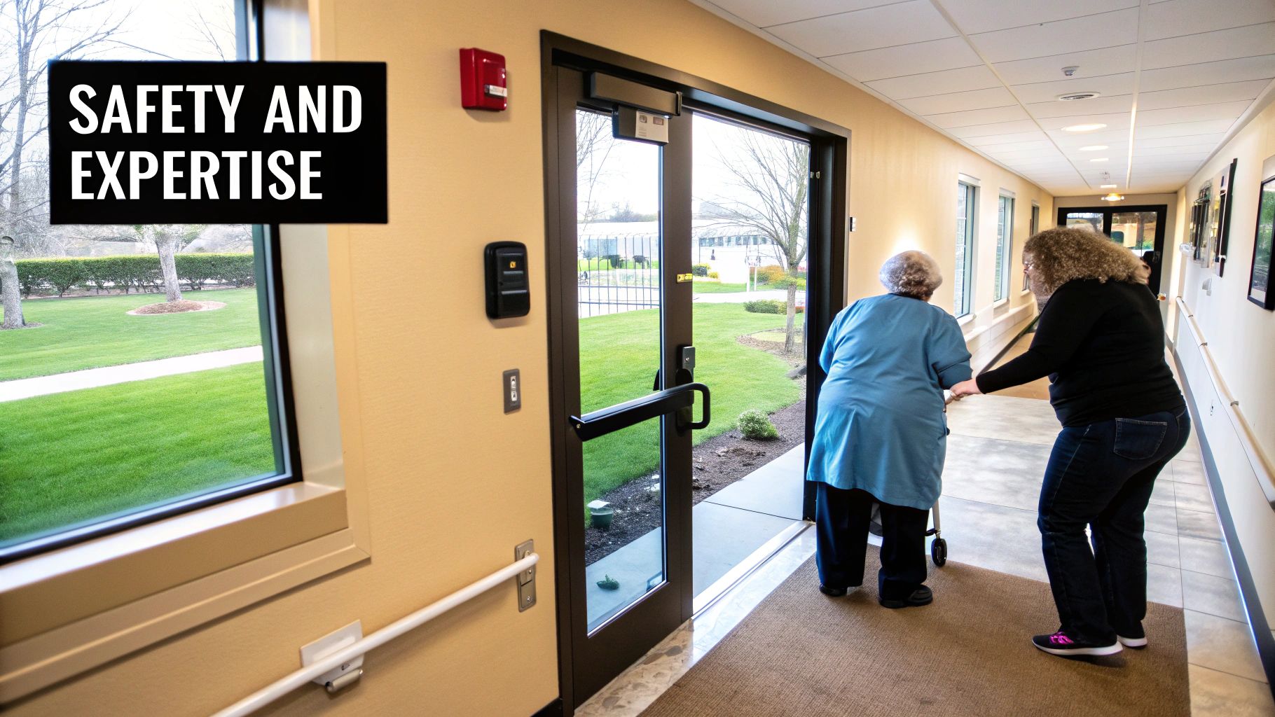 A caregiver assists an elderly person using a walker through a facility doorway.